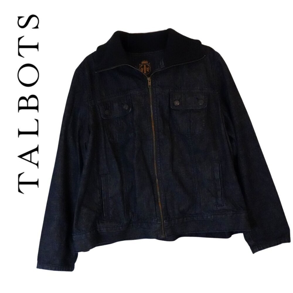 Talbots, Ribbed Wide‎ Collar Denim Zipper Jacket Coat, Dark Wash, Blue, Navy